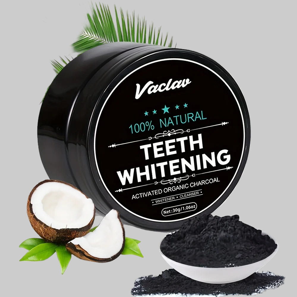 Vaclav teeth whitening product with coconut and charcoal powder on a white background